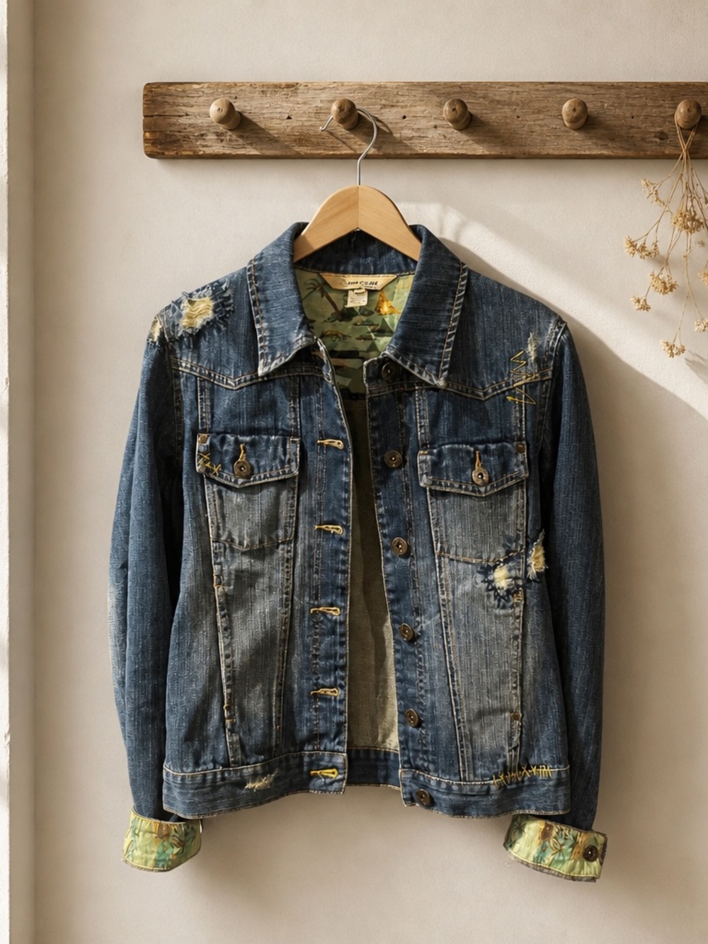 Rip Curl Distressed Denim Jacket with Tropical Lining   Jean jacket   Small sz
